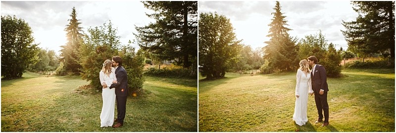 Premier snohomish & seattle wedding photographer | gsquared weddings photography two wedding photos show a bride and groom standing closely outdoors on a lawn in snohomish surrounded by trees with warm sunlight streaming through the branches in the background | serving snohomish seattle                   & beyond
