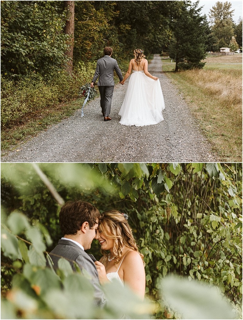 Premier snohomish & seattle wedding photographer | gsquared weddings photography a bride and groom walk down a gravel path surrounded by trees in the top image In the bottom they smile and embrace closely among green foliage Both scenes capture a romantic snohomish seattle wedding in a beautiful natural setting | serving snohomish seattle                   & beyond