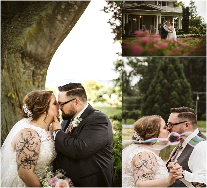 Premier snohomish & seattle wedding photographer | gsquared weddings photography a collage of three outdoor snohomish wedding photos shows a bride and groom in loving embraces kissing under a tree standing in front of a house and sharing a kiss while the brides veil billows around them | serving snohomish seattle                   & beyond