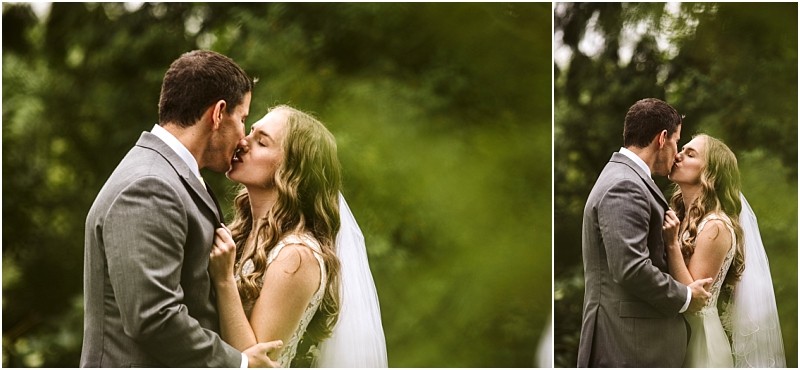 Premier snohomish & seattle wedding photographer | gsquared weddings photography a bride and groom share a kiss outdoors surrounded by greenery at their snohomish wedding The groom wears a gray suit the bride has long wavy hair and a white veil The image is split into two frames of the couple embracing | serving snohomish seattle                   & beyond