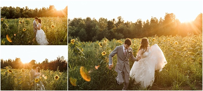 Premier snohomish & seattle wedding photographer | gsquared weddings photography a bride and groom walk hand in hand through a sunflower field at sunset during their snohomish seattle wedding both smiling and joyful The sunlight creates a warm golden glow around them and the sunflowers | serving snohomish seattle                   & beyond