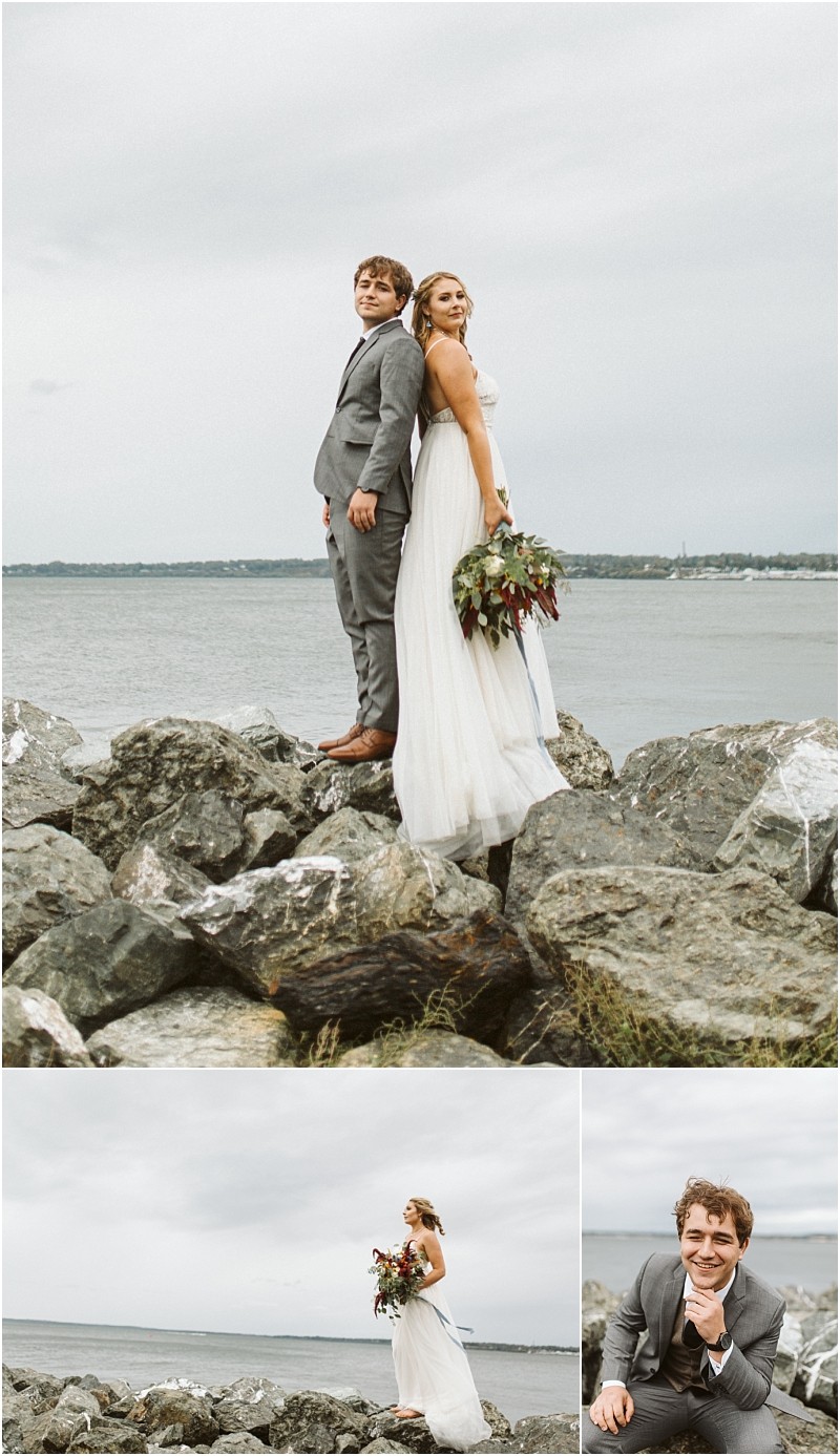 Snohomish & seattle wedding photographer | gsquared weddings photography wedding couples stand back to back on large rocks by the water the bride holding a bouquet Other best of 2019 moments show her standing alone and the groom crouching and smiling beneath an overcast sky | wedding photo by gsquared weddings