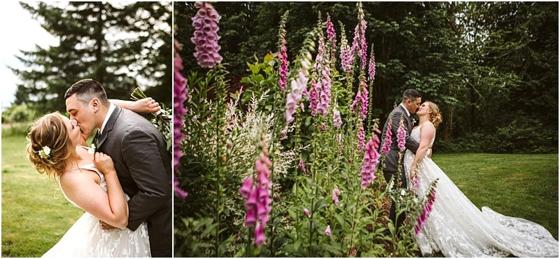 Snohomish & seattle wedding photographer | gsquared weddings photography a bride and groom share a romantic kiss outdoors surrounded by lush greenery and tall pink foxglove flowersthe perfect moment for wedding couples and a highlight in our best of 2019 collection | wedding photo by gsquared weddings
