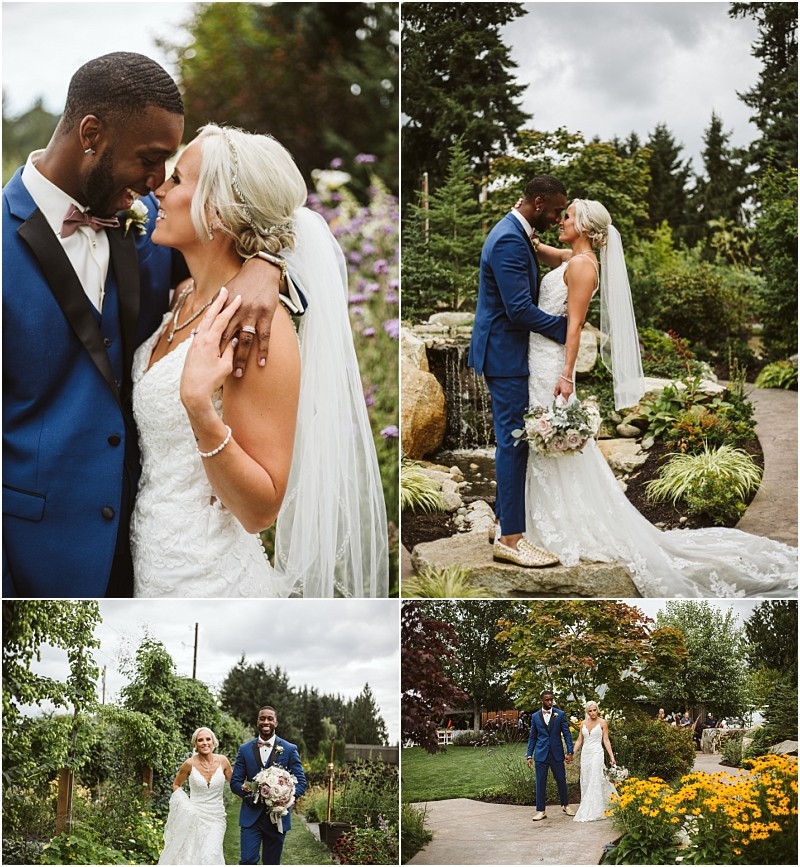 Snohomish & seattle wedding photographer | gsquared weddings photography a bride in a white dress and groom in a blue suit share joyful romantic moments outdoors in a gardenone of our favorite wedding couples embracing and walking among flowers and greenery on their best of 2019 wedding day | wedding photo by gsquared weddings