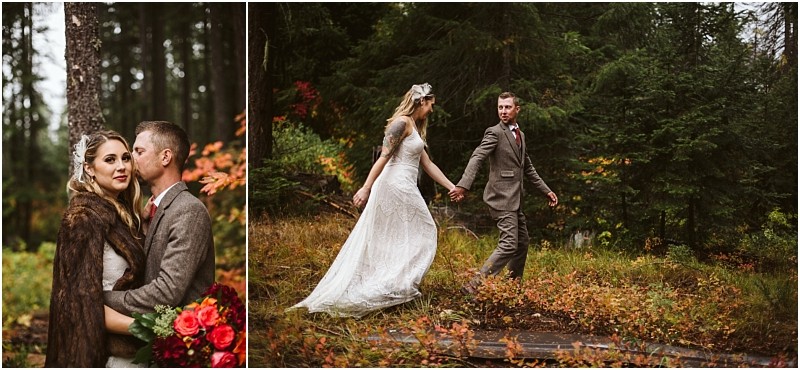 Snohomish & seattle wedding photographer | gsquared weddings photography a bride and groom in vintage style wedding attire pose in a forest This wedding couple walks hand in hand through autumn foliage the bride holding a bouquet and the groom in a brown suitcapturing romance at its best of 2019 | wedding photo by gsquared weddings