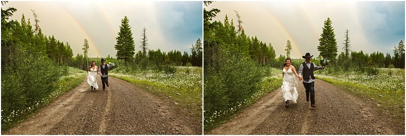 Snohomish & seattle wedding photographer | gsquared weddings photography a joyful wedding couple runs down a gravel path surrounded by greenery wildflowers and trees with a faint rainbow in the cloudy skya moment captured among the best of 2019 | wedding photo by gsquared weddings