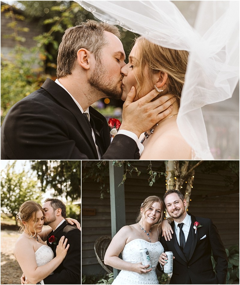 Snohomish & seattle wedding photographer | gsquared weddings photography a collage of three wedding photos features wedding couples a groom kisses his bride under her veil the couple embraces outdoors and they both smile at the camera holding drinks in their best of 2019 wedding attire | wedding photo by gsquared weddings