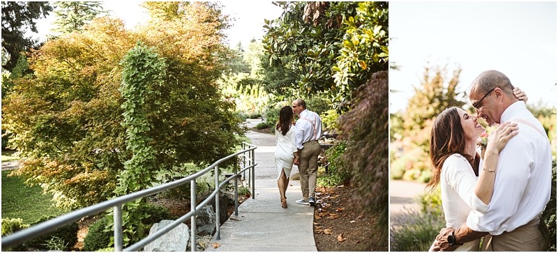 Snohomish & seattle wedding photographer | gsquared weddings photography a couple embraces and smiles at each other on a garden pathway surrounded by lush greenery and sunlight This romantic outdoor scene captures the joy of wedding couples and is a true best of 2019 moment | wedding photo by gsquared weddings