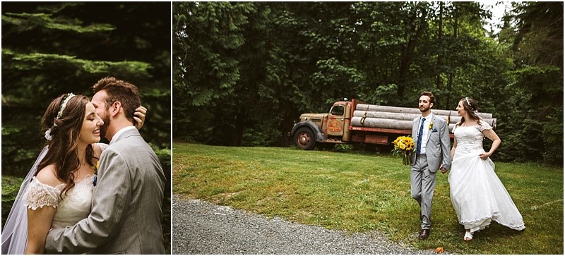 Snohomish & seattle wedding photographer | gsquared weddings photography wedding couples share a joyful moment outdoors walking hand in hand on grass with a bouquet an old log truck and dense green trees in the background In another best of 2019 shot the groom kisses the bride on the forehead | wedding photo by gsquared weddings