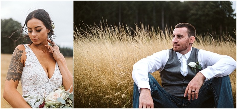 Snohomish & seattle wedding photographer | gsquared weddings photography split image on the left a bride in a white lace dress with a floral bouquet looks down on the right a groom in a vest and boutonniere sits in tall grass gazing into the distance A true wedding couples best of 2019 moment | wedding photo by gsquared weddings