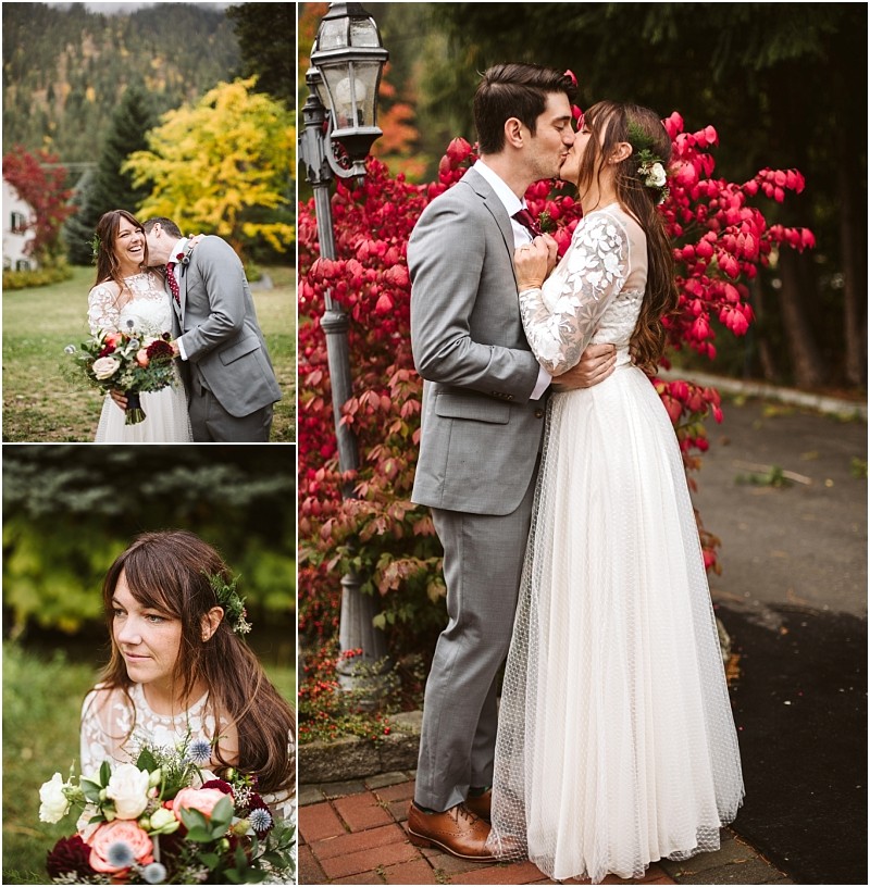 Snohomish & seattle wedding photographer | gsquared weddings photography a couple in wedding attire stands outdoors among vibrant autumn foliage sharing a joyful embrace and kiss One of the best of 2019 moments this image captures the happiness of wedding couples amid natures beauty | wedding photo by gsquared weddings