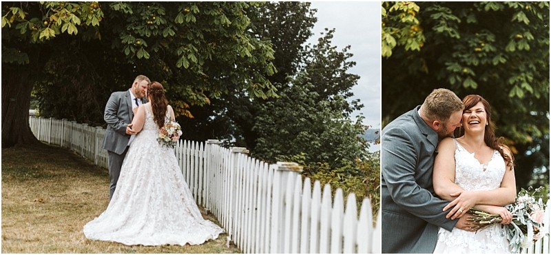 Snohomish & seattle wedding photographer | gsquared weddings photography a bride and groom stand by a white picket fence under a large tree In this best of 2019 moment the wedding couple kisses in one photo in the other the groom embraces his smiling bride as she holds her bouquet Both look radiant | wedding photo by gsquared weddings