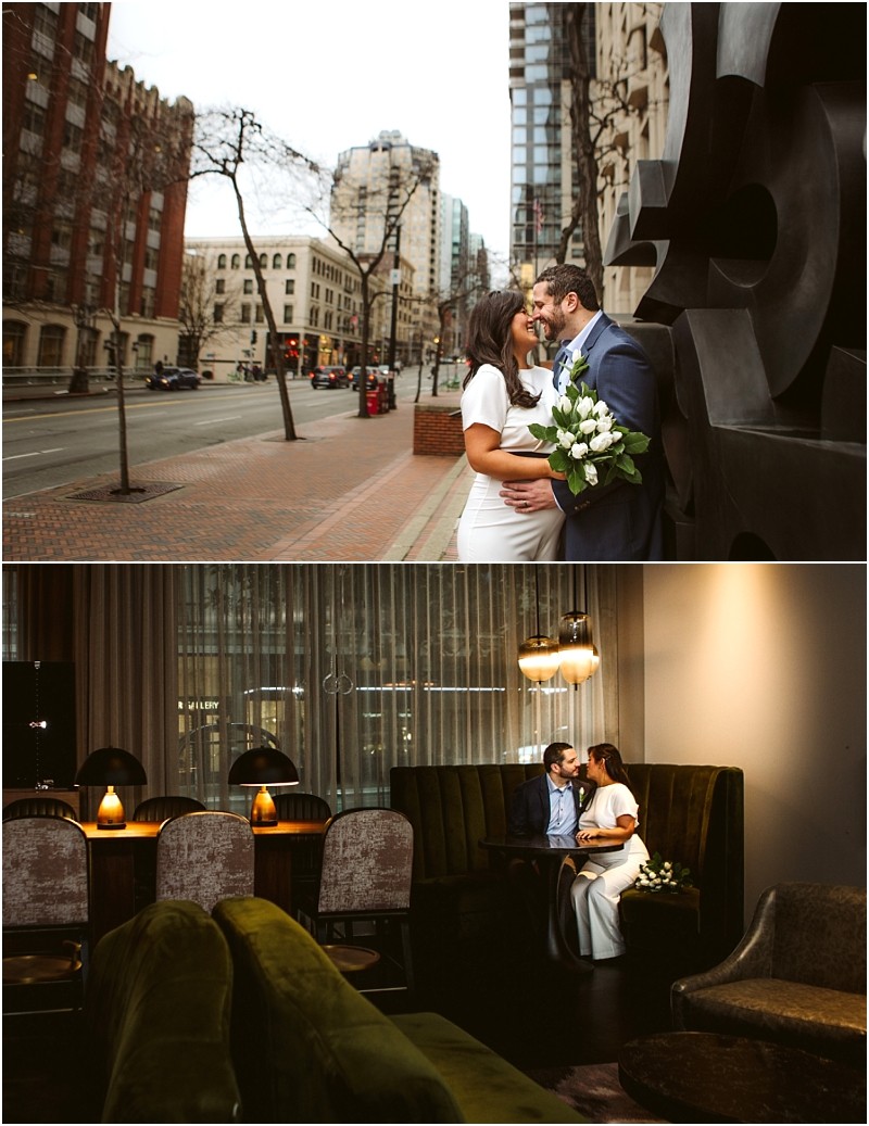 Snohomish & seattle wedding photographer | gsquared weddings photography a couple in wedding attire shares a joyful moment on a city sidewalk then sits closely together in a cozy dimly lit lounge holding a bouquet of white tulipscapturing the essence of wedding couples best of 2019 | wedding photo by gsquared weddings