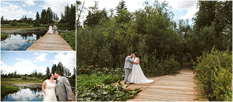 Snohomish & seattle wedding photographer | gsquared weddings photography a bride and groom embrace on a wooden boardwalk surrounded by lush greenery and water under a partly cloudy sky This collage captures the romance of wedding couples outdoors featured in our best of 2019 collection | wedding photo by gsquared weddings