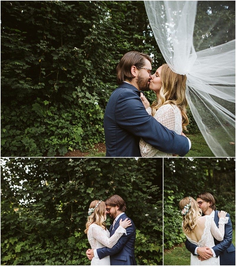 Snohomish & seattle wedding photographer | gsquared weddings photography three photos capture wedding couples embracing and kissing outdoors surrounded by lush greenery The brides white dress and long veil and the grooms navy suit set a romantic joyful moodtruly a best of 2019 moment | wedding photo by gsquared weddings