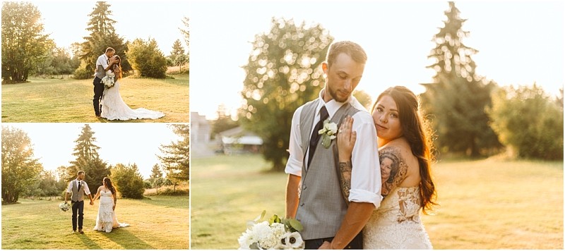 Snohomish & seattle wedding photographer | gsquared weddings photography collage of three wedding photos wedding couples pose outdoors in a sunlit grassy field holding hands embracing and gazing lovingly at each other with trees in the background Best of 2019 moments captured beautifully | wedding photo by gsquared weddings