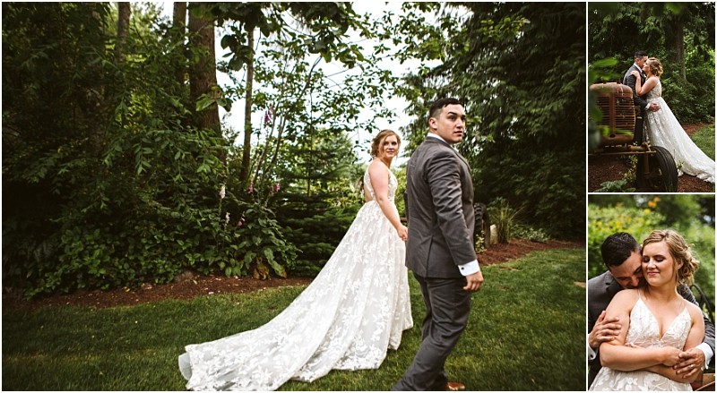 Snohomish & seattle wedding photographer | gsquared weddings photography a bride and groom walk hand in hand through a lush green garden Two smaller images show this wedding couples best of 2019 pair embracing and sharing a kiss among the trees both wearing formal wedding attire | wedding photo by gsquared weddings
