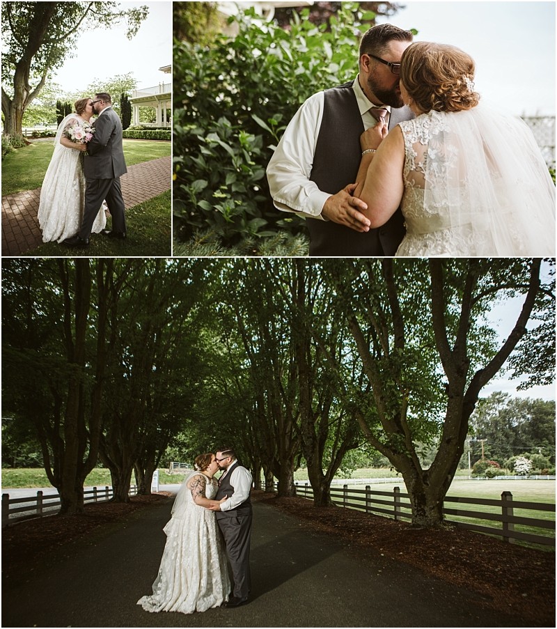 Snohomish & seattle wedding photographer | gsquared weddings photography a bride and groom share intimate moments outdoors embracing on a brick path kissing by greenery and standing closely on a tree lined road This romantic scene captures the essence of wedding couples and is among the best of 2019 | wedding photo by gsquared weddings