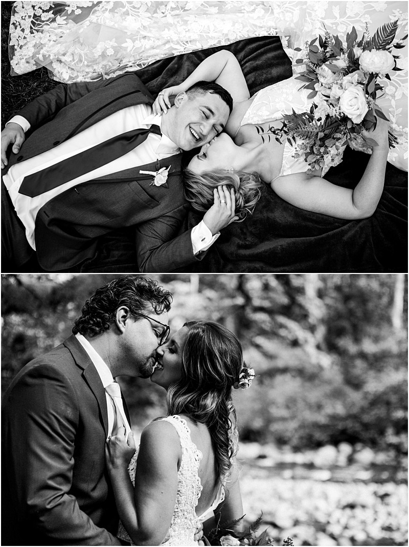 Snohomish & seattle wedding photographer | gsquared weddings photography a couple in wedding attire shares affectionate moments in the top photo they lie close together on a blanket while in the bottom this best of 2019 wedding couples moment shows them standing in a forest gazing into each others eyes before a kiss | wedding photo by gsquared weddings