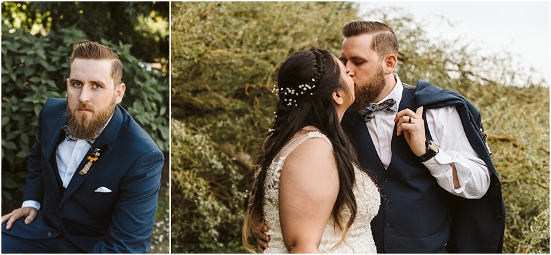 Snohomish & seattle wedding photographer | gsquared weddings photography split image on the left a bearded man in a navy suit sits outdoors looking at the camera On the right he kisses his bride in a white lace dress while holding his jacket over his shoulder A tender moment among wedding couples surrounded by greenery | wedding photo by gsquared weddings