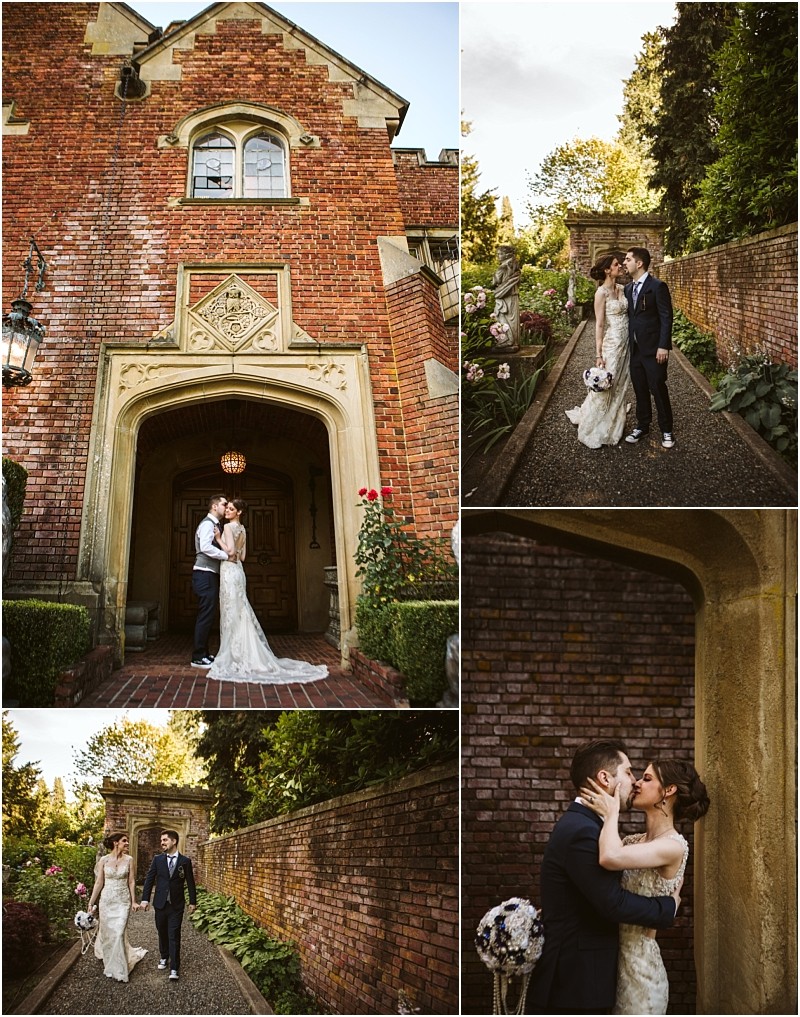 Snohomish & seattle wedding photographer | gsquared weddings photography a bride and groom pose and embrace outside a historic brick building surrounded by greenery and gardens capturing a timeless moment among the best of 2019 wedding couples | wedding photo by gsquared weddings