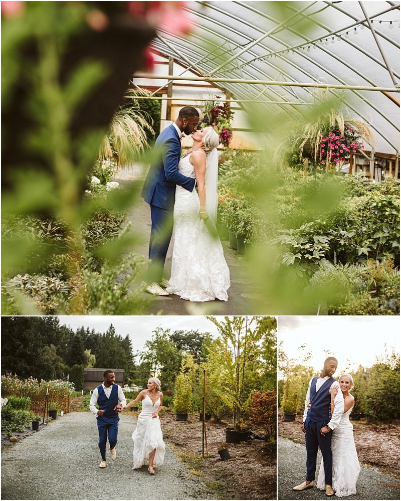 Snohomish & seattle wedding photographer | gsquared weddings photography a bride and groom share romantic moments in a lush greenhouse and garden smiling holding hands and walking together among greenery and flowerscapturing the essence of wedding couples in our best of 2019 collection | wedding photo by gsquared weddings