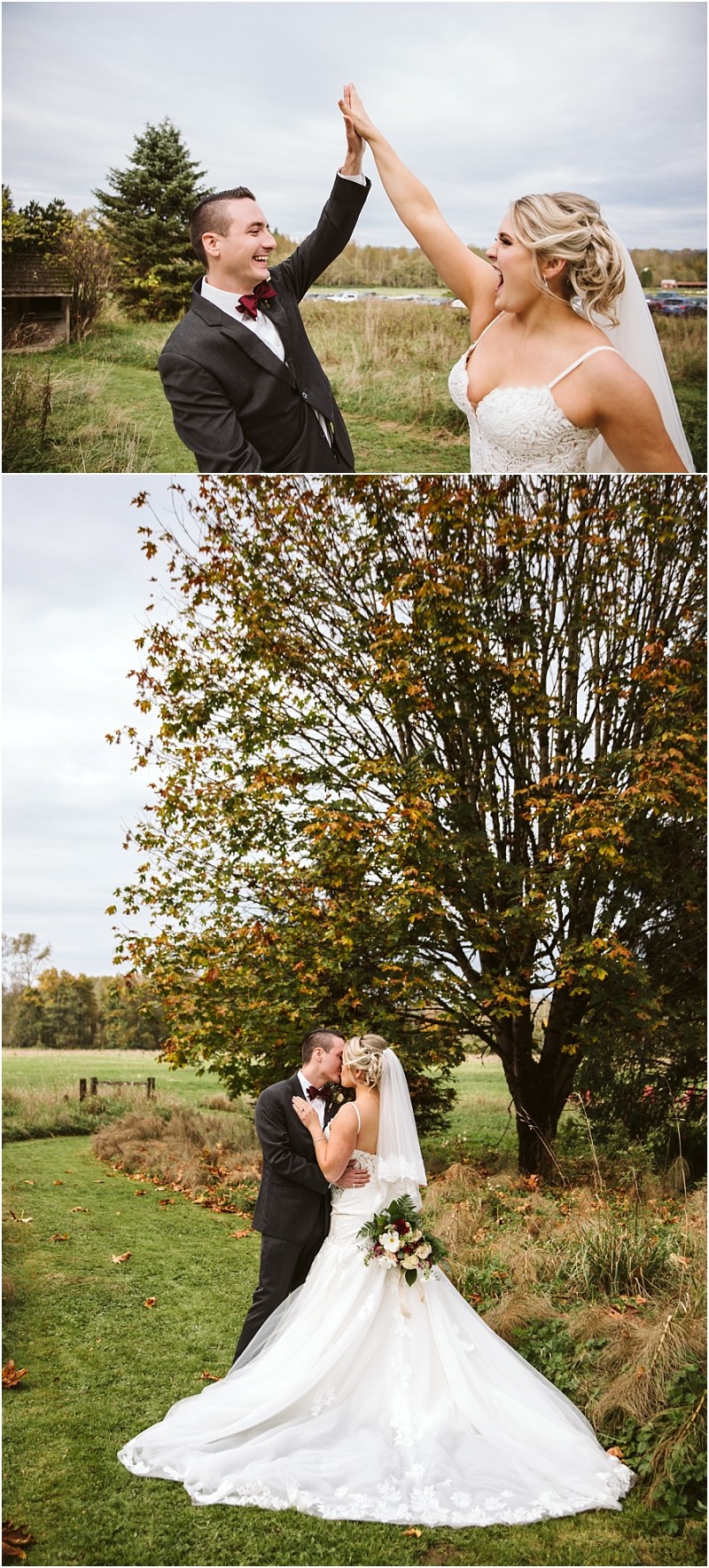 Snohomish & seattle wedding photographer | gsquared weddings photography a bride and groom from our best of 2019 wedding couples high five and smile outdoors In the next image they embrace and kiss near a large tree the bride holding a bouquet and wearing a flowing white dress | wedding photo by gsquared weddings