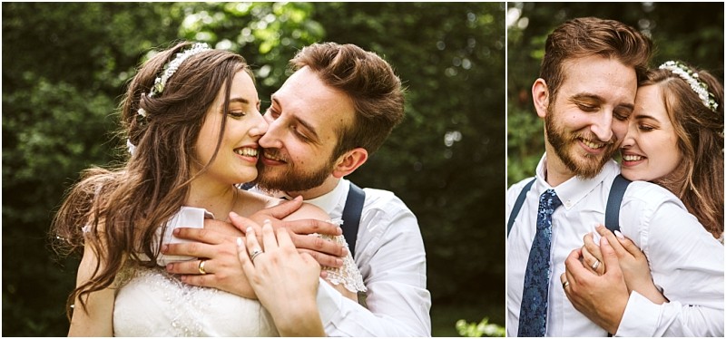 Snohomish & seattle wedding photographer | gsquared weddings photography a smiling bride and groom embrace outdoors in these best of 2019 wedding couples momentsone photo shows the groom hugging the bride from behind in another the joyful bride wraps her arms lovingly around him | wedding photo by gsquared weddings