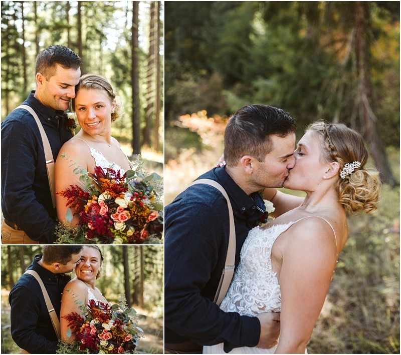 Snohomish & seattle wedding photographer | gsquared weddings photography a couple in wedding attire poses in a forest the groom hugs and kisses the bride who holds a bouquet of autumn flowers and smiles joyfullycapturing enchanting wedding couples moments for the best of 2019 collection | wedding photo by gsquared weddings