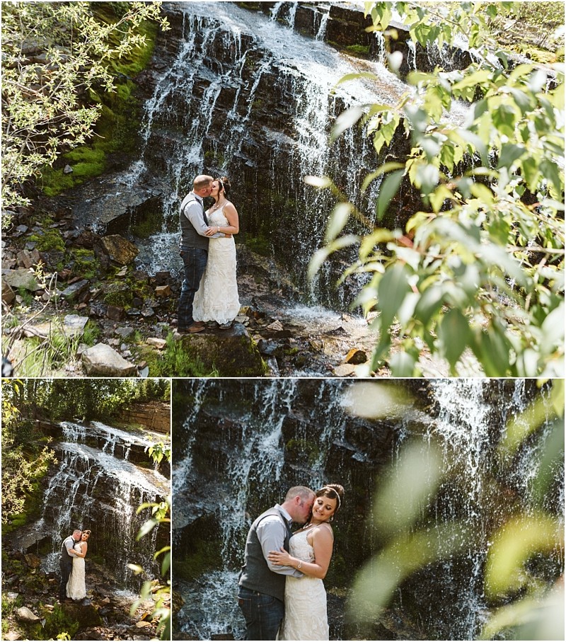 Snohomish & seattle wedding photographer | gsquared weddings photography a wedding couples embrace and share a kiss in front of a cascading waterfall surrounded by lush greenery and rocks in a series of romantic outdoor photoscapturing the best of 2019 moments | wedding photo by gsquared weddings