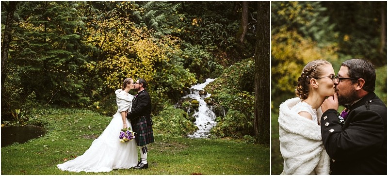 Snohomish & seattle wedding photographer | gsquared weddings photography a bride and groom share a kiss in a lush green outdoor setting near a small waterfall This romantic close upnamed best of 2019captures wedding couples at their most affectionate with the bride in white holding purple flowers and the groom in a kilt | wedding photo by gsquared weddings