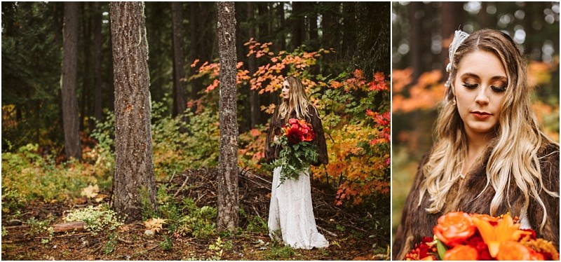 Snohomish & seattle wedding photographer | gsquared weddings photography a bride in a white dress and brown shawl stands in a forest holding vibrant orange flowers Autumn leaves paint the background as her serene expression is captured up closean unforgettable moment among the best of 2019 wedding couples | wedding photo by gsquared weddings