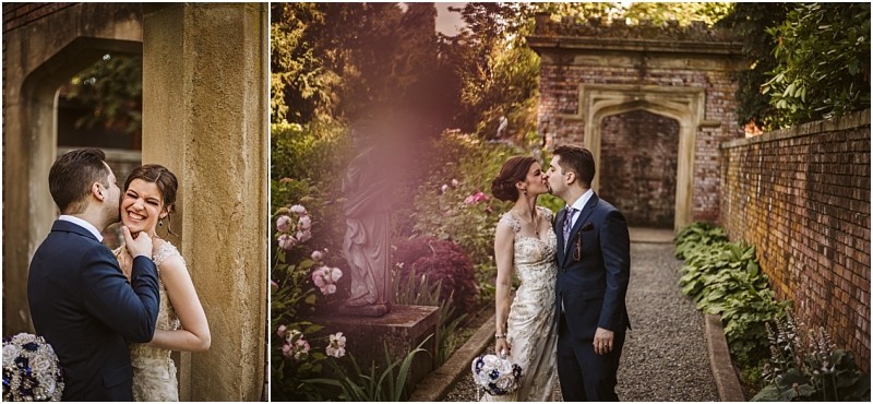 Snohomish & seattle wedding photographer | gsquared weddings photography a bride and groom part of our best of 2019 wedding couples enjoy tender moments outdoors on the left he caresses her face as she smiles and on the right they walk hand in hand in a lush walled garden | wedding photo by gsquared weddings
