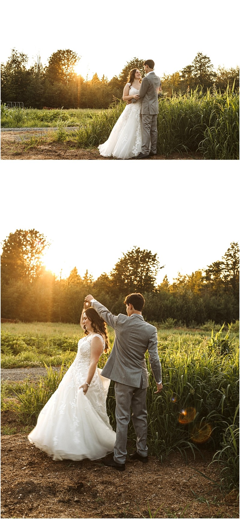 Snohomish & seattle wedding photographer | gsquared weddings photography a bride and groom one of our best of 2019 wedding couples dance outdoors at sunset The groom twirls the bride in her white gown as warm sunlight bathes them in a golden glow surrounded by tall grass and trees | wedding photo by gsquared weddings