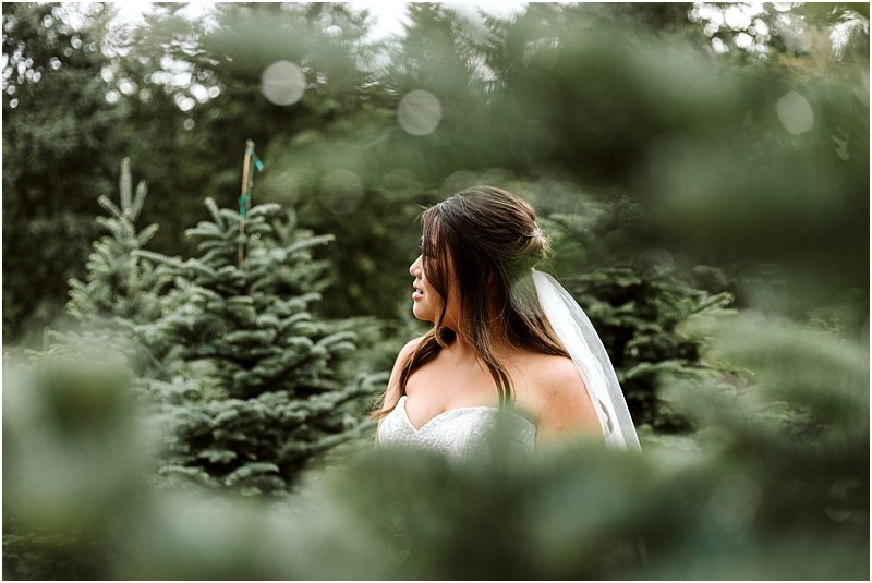 Snohomish & seattle wedding photographer | gsquared weddings photography a bride in a white dress and veil stands among evergreen trees partially framed by blurred branches in the foreground looking to her right with a serene expressiona timeless moment among our best of 2019 wedding couples | wedding photo by gsquared weddings