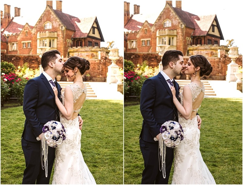 Snohomish & seattle wedding photographer | gsquared weddings photography a bride and groom in formal attire embrace and smile outside a grand mansion The lush garden and stately building create a romantic scene making this one of the standout wedding couples moments from the best of 2019 | wedding photo by gsquared weddings