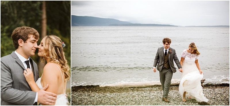 Snohomish & seattle wedding photographer | gsquared weddings photography a bride and groom named among the best of 2019 wedding couples share an intimate moment in a forest then stroll hand in hand along a pebbled beach with mountains and water in the background both smiling in their wedding attire | wedding photo by gsquared weddings