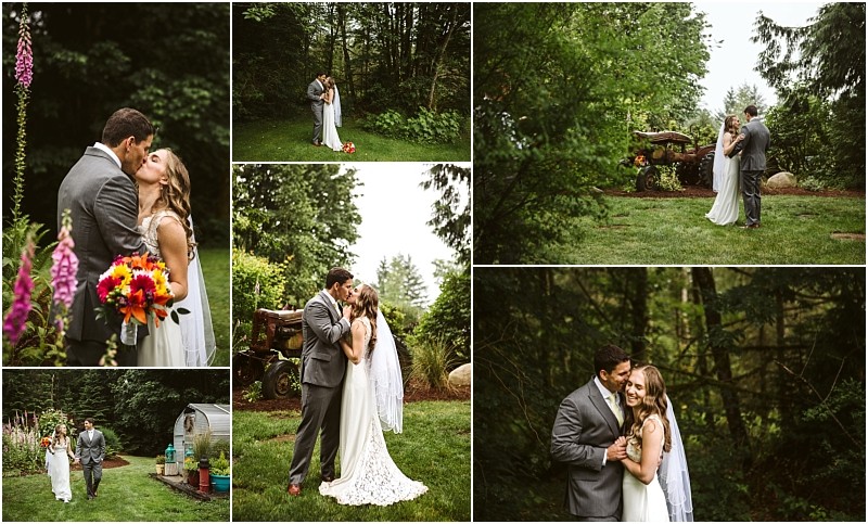 Snohomish & seattle wedding photographer | gsquared weddings photography a collage of wedding couples shows a bride and groom outdoors in a green wooded garden posing together kissing holding hands and smiling amid colorful flowers and rustic decorationscapturing the best of 2019 | wedding photo by gsquared weddings