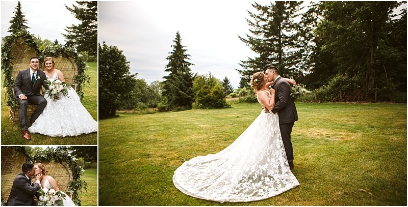 Snohomish & seattle wedding photographer | gsquared weddings photography a bride and groom featured in our best of 2019 wedding couples pose outdoors in front of green trees The bride wears a white dress the groom a dark suit Inset images show them sitting and sharing a kiss on a decorated bench | wedding photo by gsquared weddings