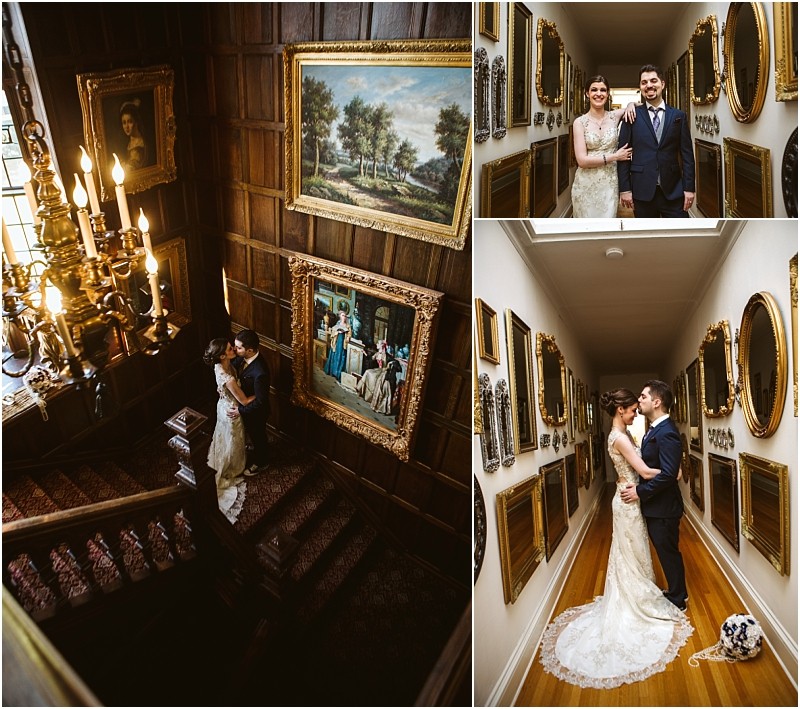 Snohomish & seattle wedding photographer | gsquared weddings photography best of 2019 three wedding couples photosa bride and groom embrace on a grand staircase under chandeliers they smile together in an art lined hallway they share a quiet moment in the same elegant space | wedding photo by gsquared weddings