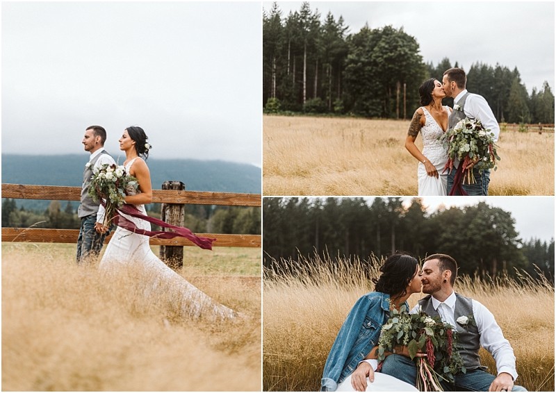 Snohomish & seattle wedding photographer | gsquared weddings photography a bride and groom among our wedding couples best of 2019 share affectionate moments while walking through a rustic field with tall grass and trees holding a large bouquet adorned with burgundy ribbons | wedding photo by gsquared weddings