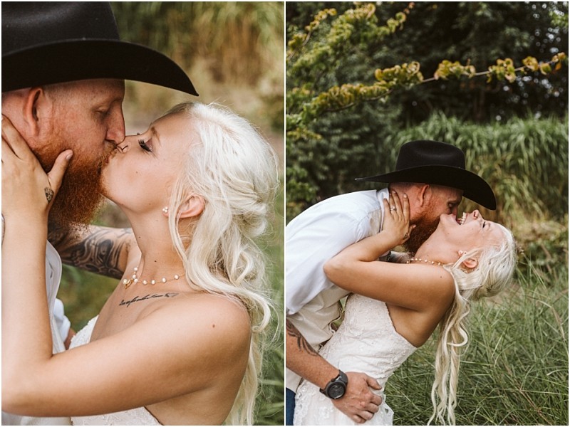 Snohomish & seattle wedding photographer | gsquared weddings photography a couple in wedding attire shares affectionate moments outdoors in one image they kiss and in the other they embrace and smile beneath greenery in cowboy hatscapturing the charm of wedding couples best of 2019 | wedding photo by gsquared weddings