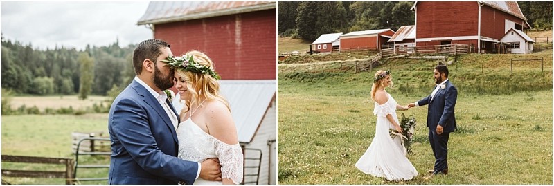 Snohomish & seattle wedding photographer | gsquared weddings photography a bride and groom part of our best of 2019 wedding couples pose on a grassy farm with red barns in the background in one image they embrace closely and in the other they hold hands while smiling at each other | wedding photo by gsquared weddings