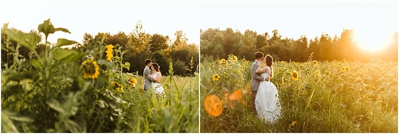 Snohomish & Seattle Wedding Photographer | GSquared Weddings Photography A couple in wedding attire embraces in a field of tall grass and sunflowers, surrounded by greenery and bathed in warm, golden sunset light—capturing the essence of Wedding Couples and the Best of 2019 moments.                                   | wedding photo by GSquared Weddings