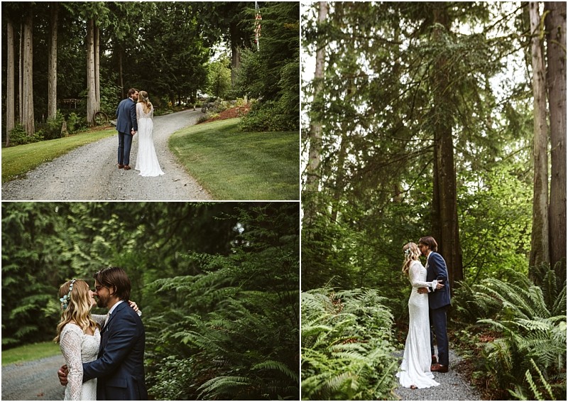 Snohomish & seattle wedding photographer | gsquared weddings photography a bride and groom in wedding attire stand close together on a forest path among lush greenery sharing intimate moments surrounded by tall trees and fernsa magical capture from our best of 2019 wedding couples | wedding photo by gsquared weddings