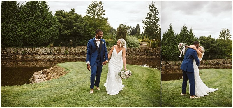 Snohomish & seattle wedding photographer | gsquared weddings photography a bride and groom in wedding attire walk hand in hand on green grass beside a pond smiling In the second image this joyful wedding couple shares a kiss as the groom lifts the bride in an embracebest of 2019 moments outdoors amid trees | wedding photo by gsquared weddings