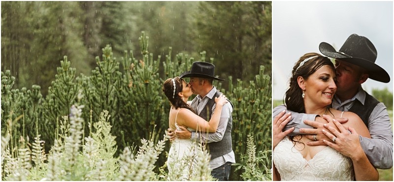 Snohomish & seattle wedding photographer | gsquared weddings photography a bride and groom in rustic attire embrace outdoors among tall green bushes Named among the best of 2019 wedding couples the groom wears a cowboy hat and vest the bride has a white dress and headband Both look happy and in love | wedding photo by gsquared weddings