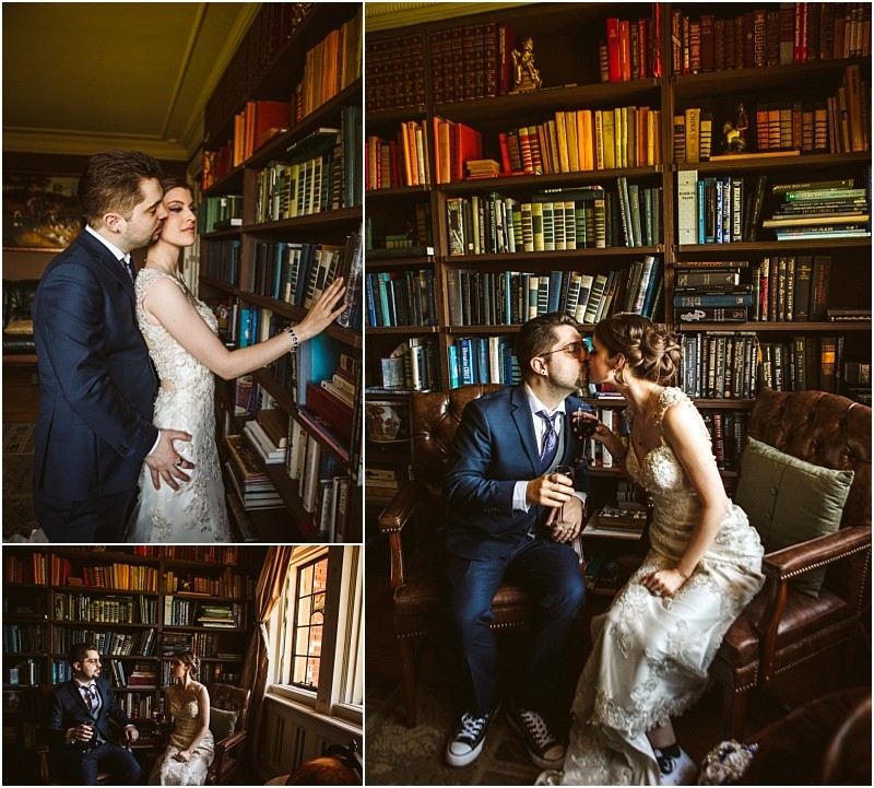 Snohomish & seattle wedding photographer | gsquared weddings photography a wedding couple in a vintage library they embrace by shelves of books share a kiss while sitting and gaze at each other fondly in natural lighta romantic best of 2019 moment | wedding photo by gsquared weddings