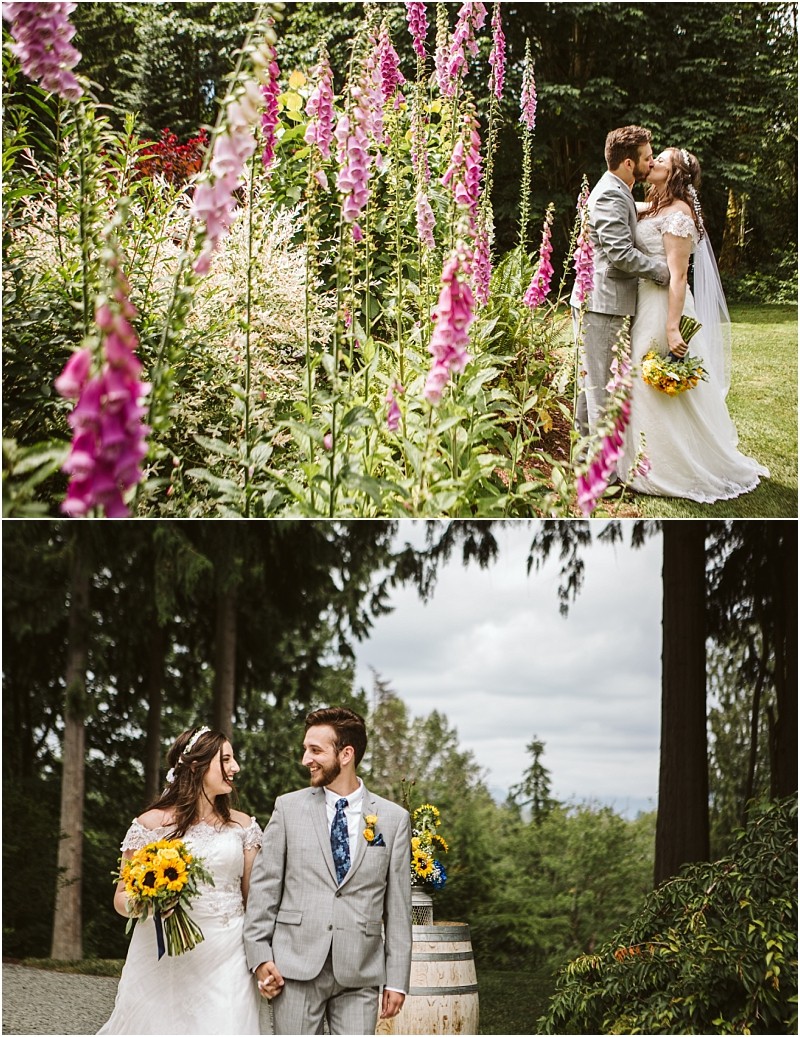 Snohomish & seattle wedding photographer | gsquared weddings photography two wedding photos the top captures wedding couples kissing beside tall pink flowers in a garden The bottom shows the couple smiling at each other and holding hands surrounded by treesmoments from our best of 2019 collection | wedding photo by gsquared weddings