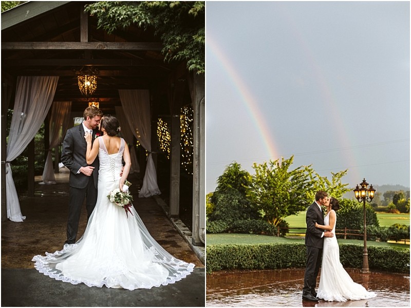 Snohomish & seattle wedding photographer | gsquared weddings photography best of 2019 wedding couples side by side photos show a bride and groom embracing under a draped gazebo then dancing joyfully in the rain beneath a double rainbow | wedding photo by gsquared weddings